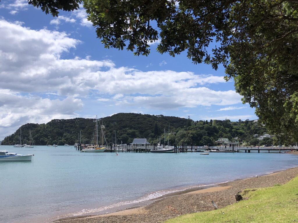 Sandy beach with light blue water. You can see a town and more land across the way