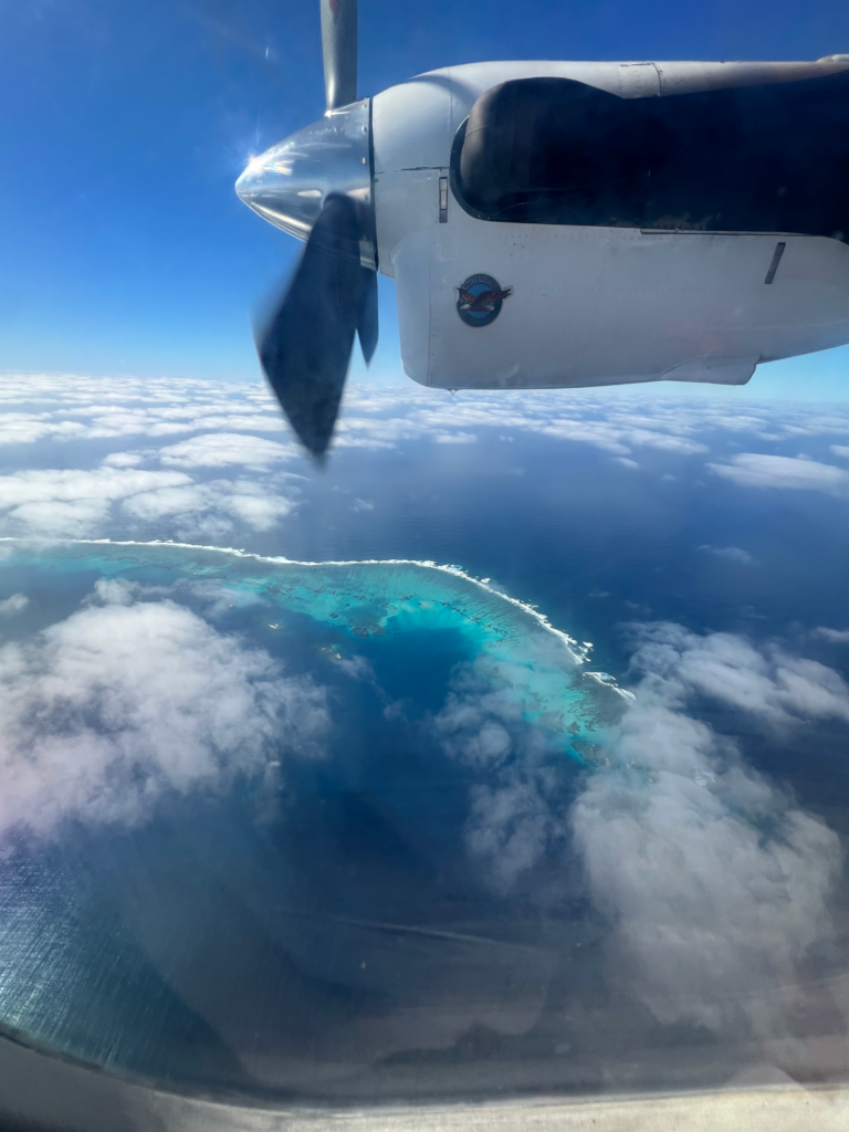 The view from an airplane window looking down onto a turquoise blue reef and island in the ocean. Where we would whale swim in Tonga. The propellor of the small plane is visible