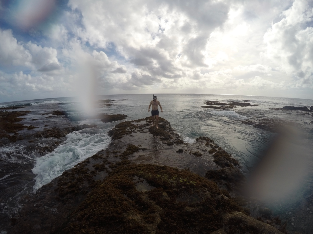 Snorkeling in Tonga on 'Eua. Man standing on rocky ledge next to ocean
