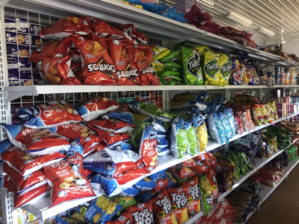 Is it easy to be a vegetarian in Tonga? A grocery store in Tonga is full of chips and processed food. This isle is the chip aisle which is 1 of 2 aisles