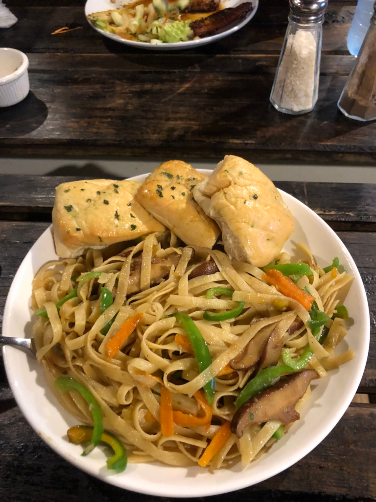 food in Tonga, a pasta meal with bread