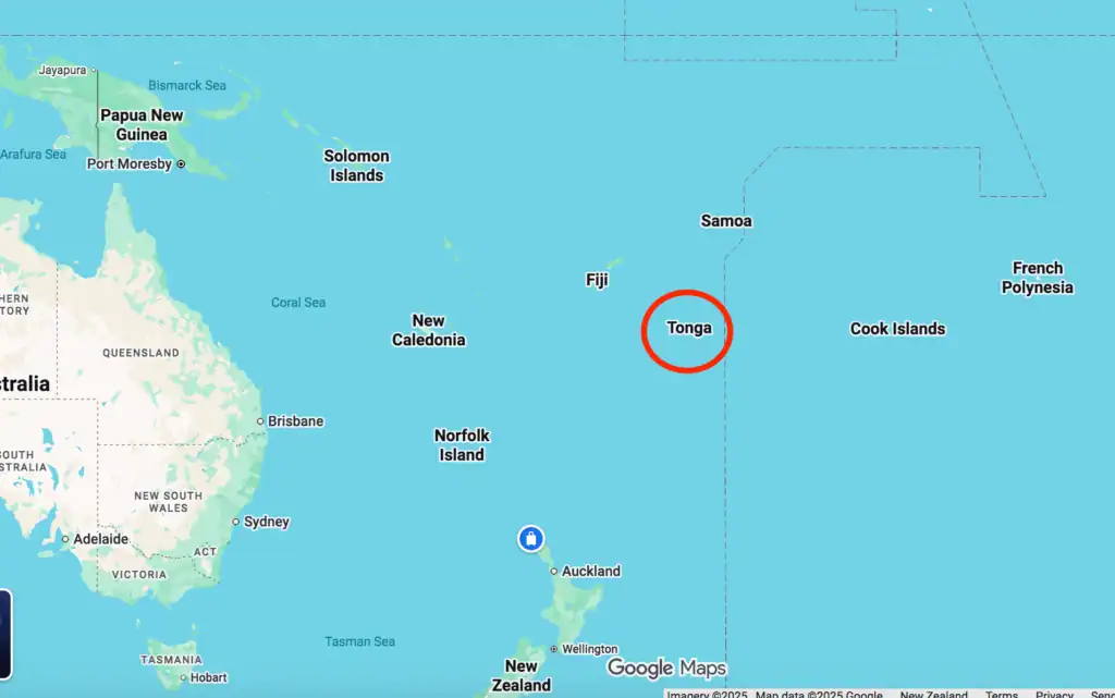 How to travel to tonga, tonga on a map circled in red... it's a tiny spec!