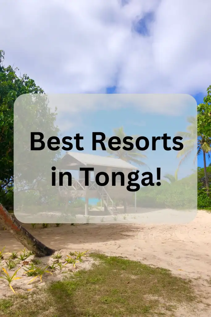 words best resorts in tonga written over an image of a beach fale