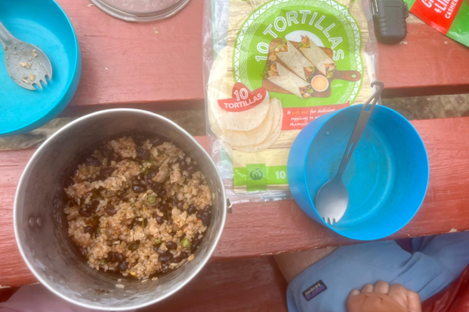 10 backpacking meal ideas: unique no cook vegetarian lunches. Overview shot of rice and beans in a bowl