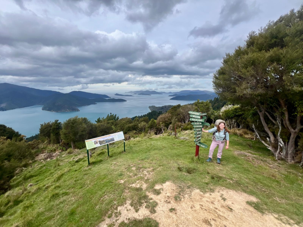 best view on the queen cahrlotte track! eatwells lookout has a sign post and sweeping views of the sounds