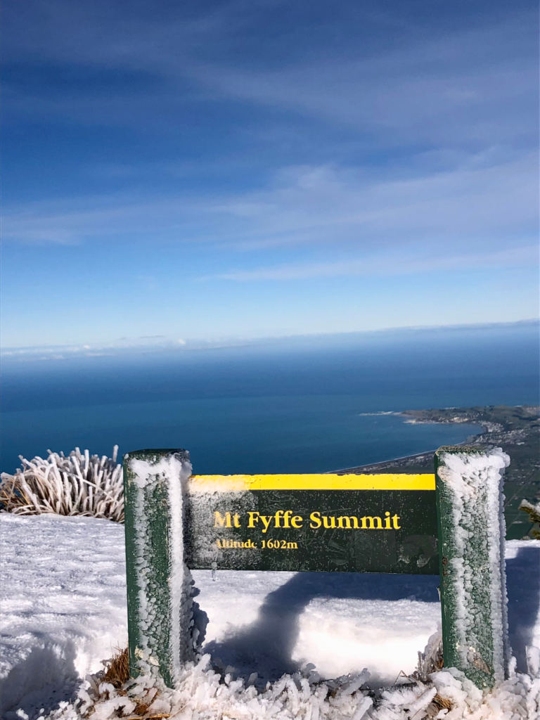 the mt. fyffe summit in winter. view of ocean and summit sign. how to spend 2 days in kaikoura
