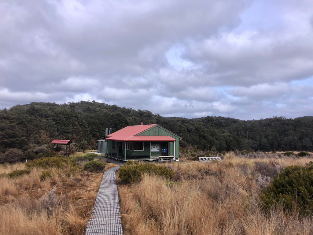 saxton hut on the heaphy track, a cute green hut with red roof sits at the end of a wooden path in the grassy field