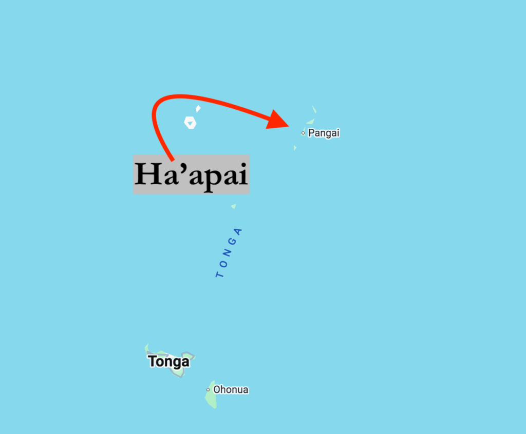 where is ha'apai tonga on a map? map of tonga zoomed in, ha'apai is pointed out with a red arrow