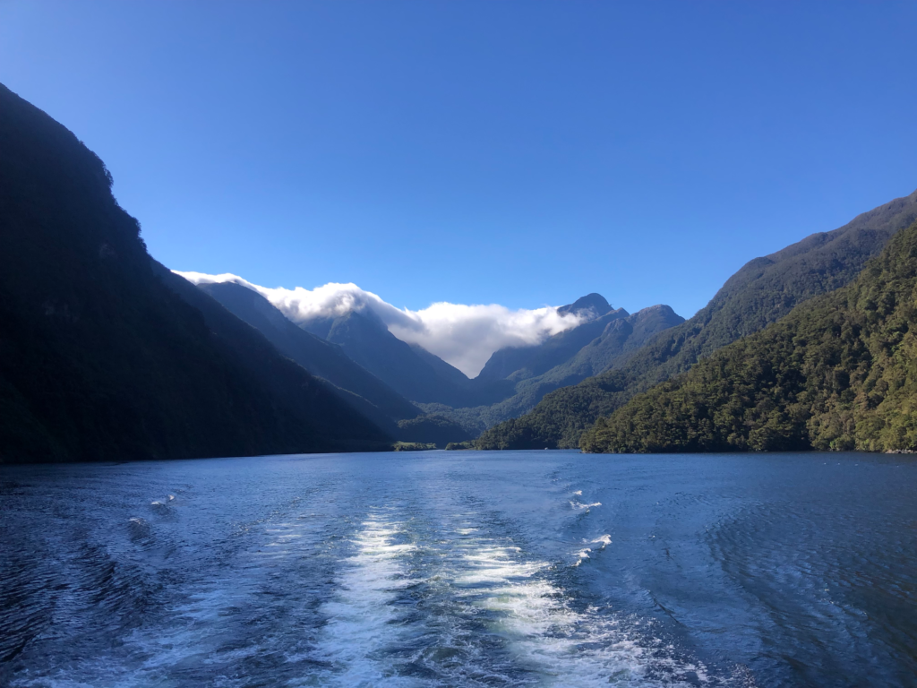 doubtful sound, view of water and mountains with clouds in background