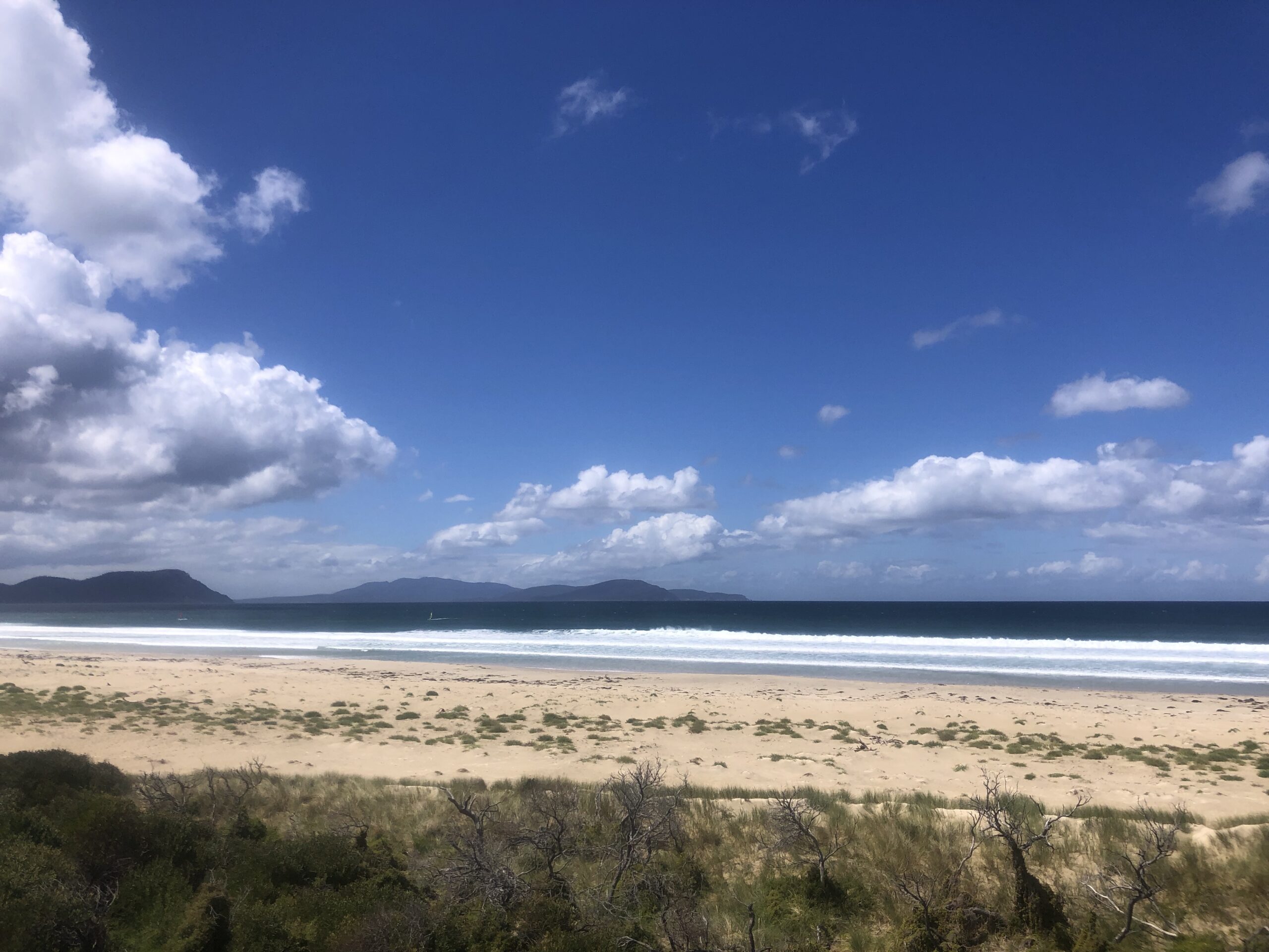 beach in tasmania. yellow sandy beach and blue sky